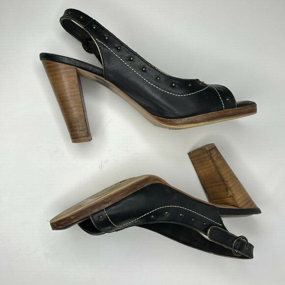 Seychelles Size 7 Singback Open Toe Black Leather Wood Block Heel‎ Studded - Picture 2 of 11